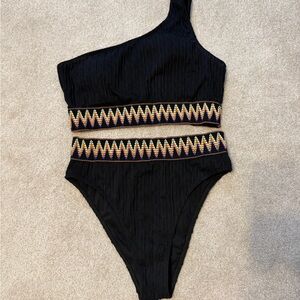 One-Shoulder Black Swimsuit with Colorful Trim